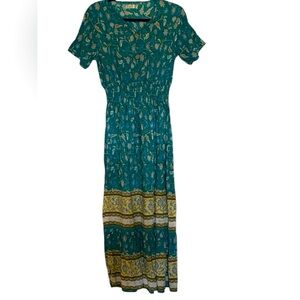 Boho Maxi dress, turquoise and cream floral print, wooden accent buttons, size L
